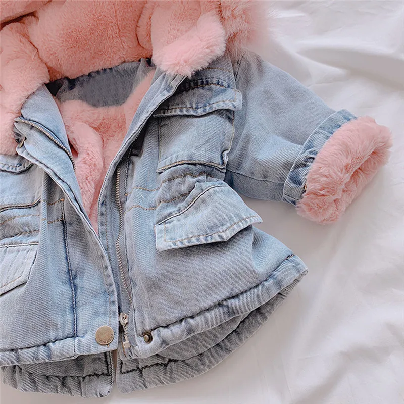 LONSANT/ г. Зимняя джинсовая куртка для маленьких девочек; бархатная теплая верхняя одежда с натуральным мехом для маленьких девочек; пальто От 1 до 5 лет детей; парка для маленьких девочек