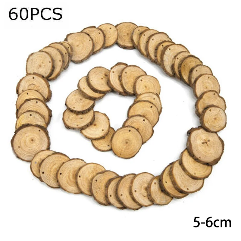 

60Pcs Natural Wood Slices 5-6cm Drilled Hole Wooden Circles Round DIY Crafts Pyrography Coasters Photo Props