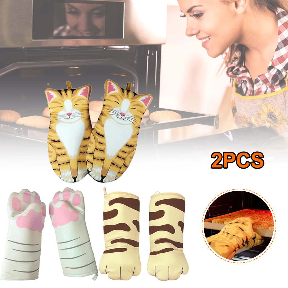 2 uds 3D de dibujos animados gato patas manoplas de horno gato diseño de huella resistente al calor titular guantes antideslizante manoplas para horno o microondas