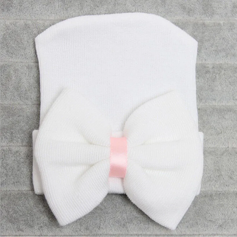 Милая детская шапочка для новорожденных девочек и мальчиков Удобная полосатая Больничная Шапочка с бантом зимние теплые Детские шапочка для новорожденных - Color: White