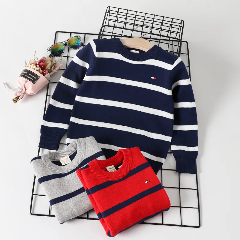 

2019 Autumn And Winter New Style Kids' Sweater Korean-style Cotton Stripes Crew Neck BOY'S Knit Low Waist Jersey BABY'S Top Fash