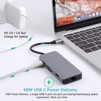 

Card Reader Cable Concentrator Video Power Output 9 In 1 1000Mbps Adapter USB C Hub HDMI VGA RJ 45 Computer Network Grey PD3.0