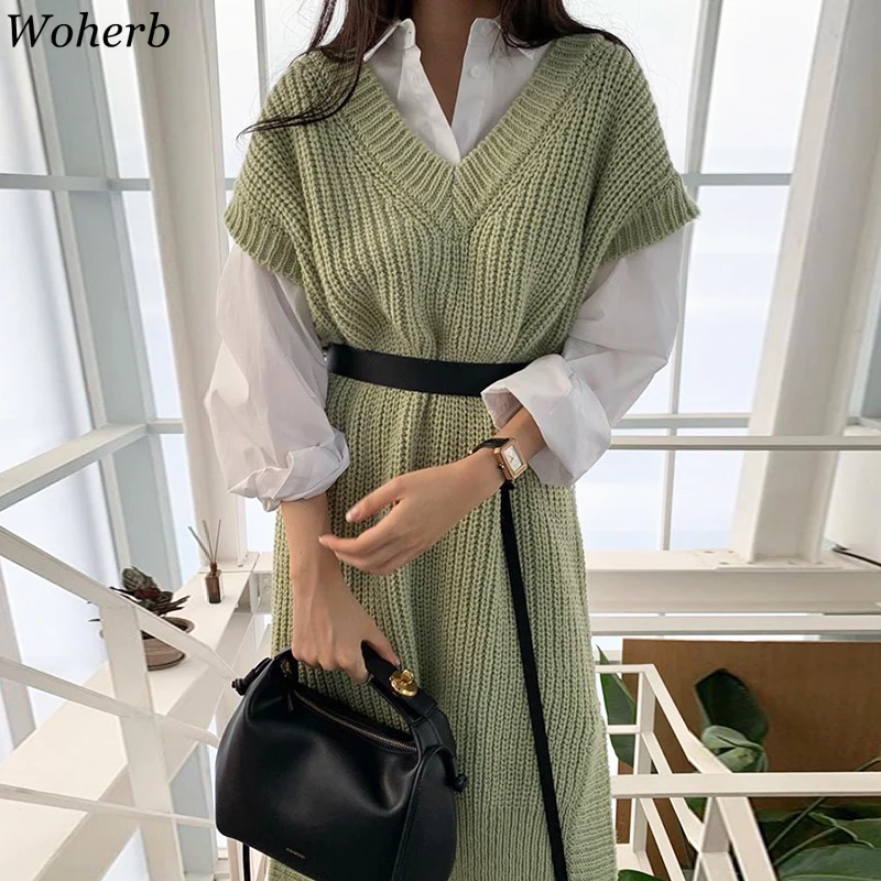 Женский костюм-двойка Woherb Трикотажный костюм с отложным воротником и V-образным