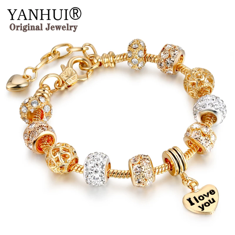 

90% OFF! New Fine Heart I Love You Charms Bracelets Bangles For Women Original Crystal Beads Chain Pulseras Bracelet SL151