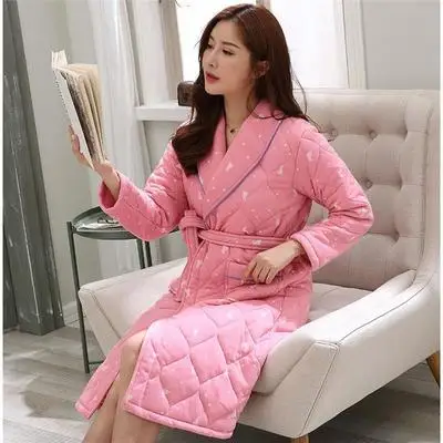 004 Зимний халат Housecoat с длинным рукавом Цветочный хлопок пижамы Нижнее белье Ночное кимоно Женская одежда Теплый Плюс размер женский халат - Цвет: 004