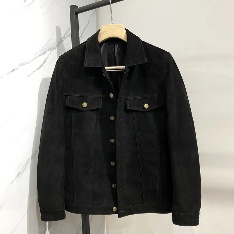 Autumn Winter New Mens Kid Suede Genuine Leather Biker Jacket Turn-Down Collar Short Slim Outerwear Single Breasted Coat men's genuine leather coats & jackets