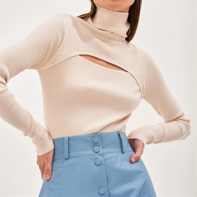 

Sweaters Ribber Knitted Turtleneck Top Women Hollow Casual Long Sleeve Sweater Skinny Autumn Winter Slim Soft Warm Lady Pullover