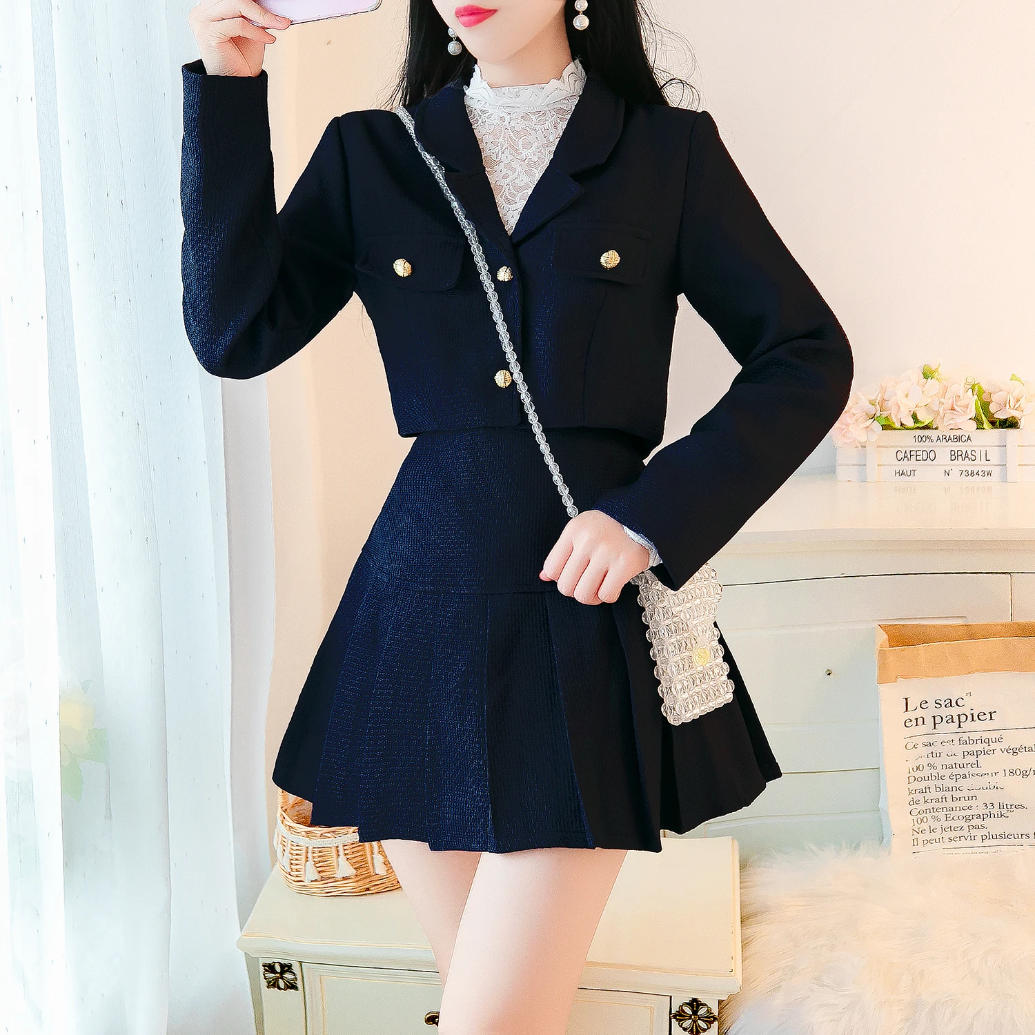 Autumn Elegant Two Piece Skirt Set Women Button Pleated Y2K Mini Skirt Suit  Female Casual Korean Fashion Designer Skirt Set 2023