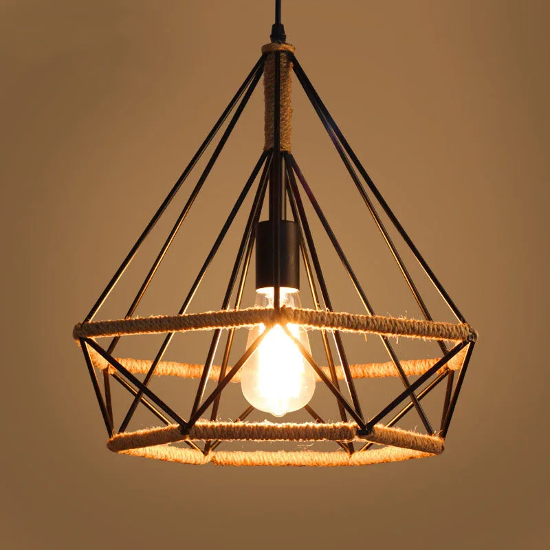 

Diamond Birdcage American Rural Hemp Rope Lamp Industry Wind Retro Lights Classical Study Simple Loft Restaurant Chandelier
