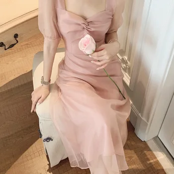

BacklakeGirls 2020 Summer Chiffon Long Women Dress Sexy V Neck Short SLeeve Vintage Empire Pink Ladies Party Dress Tea-length