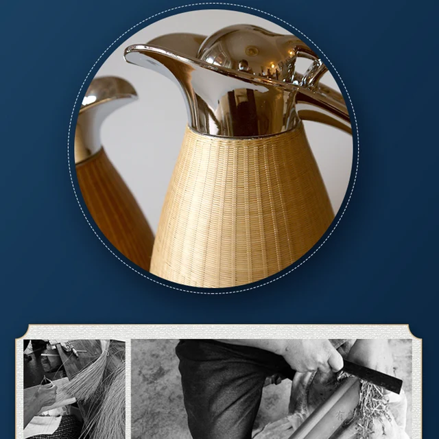 Rozsdamentes Acél Termosz Lapos Alsó Vizes Palack Teaház Háztartás Kézzel Készített Bambusz Szövés Nagy Kapacitású Termikus Vízforraló - Image 5