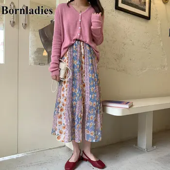 

Bornladies 2020 Spring Color-Hit Gentle Chic Soft Chiffon Thin Pleated Fashion All Match Sweet Girls High Waist Slim Skirt