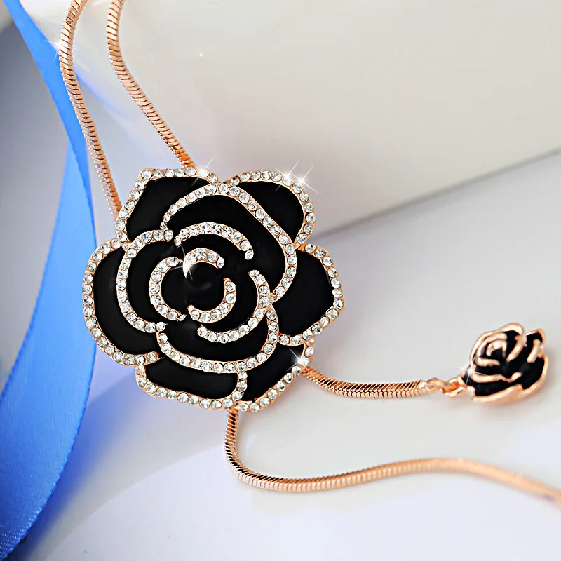 Горячая черный цветок розы Длинное колье с подвеской свитер цепи Мода сплав Отрегулированная цепь кристалл цветок кулон ожерелье s