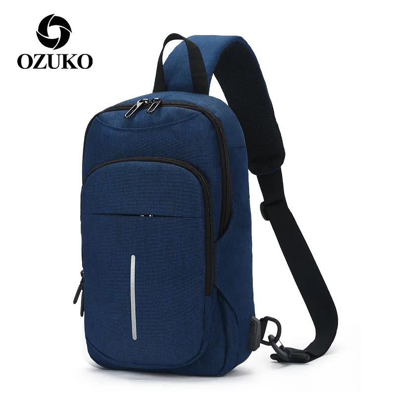 Blue OZUKO, Мужская нагрудная сумка, водонепроницаемая, через плечо, мужская сумка на плечо, большая емкость, Оксфорд, нагрудная сумка, usb зарядка, сумки для мужчин - Color: Blue