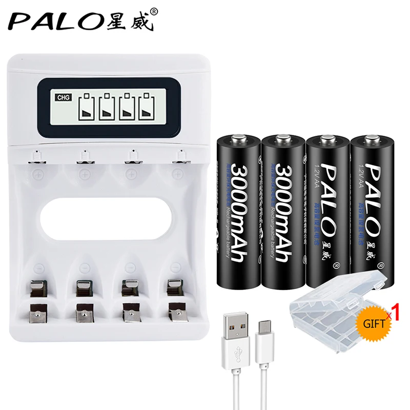 PALO Smart LCD USB зарядное устройство для Ni-MH Ni-Cd AA AAA аккумуляторная батарея + 4x1 2 V 3000mAh