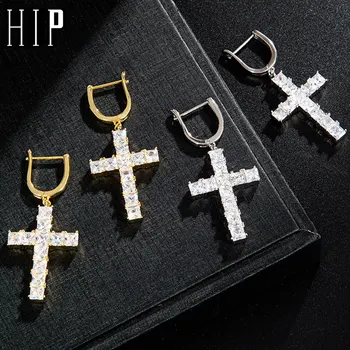 

Hip Hop 1Pair Micro Paved Cross Full Bling Iced Out Earring Cubic Zircon Gold Charm Stud Earrings For Men Hip Hop Jewelry
