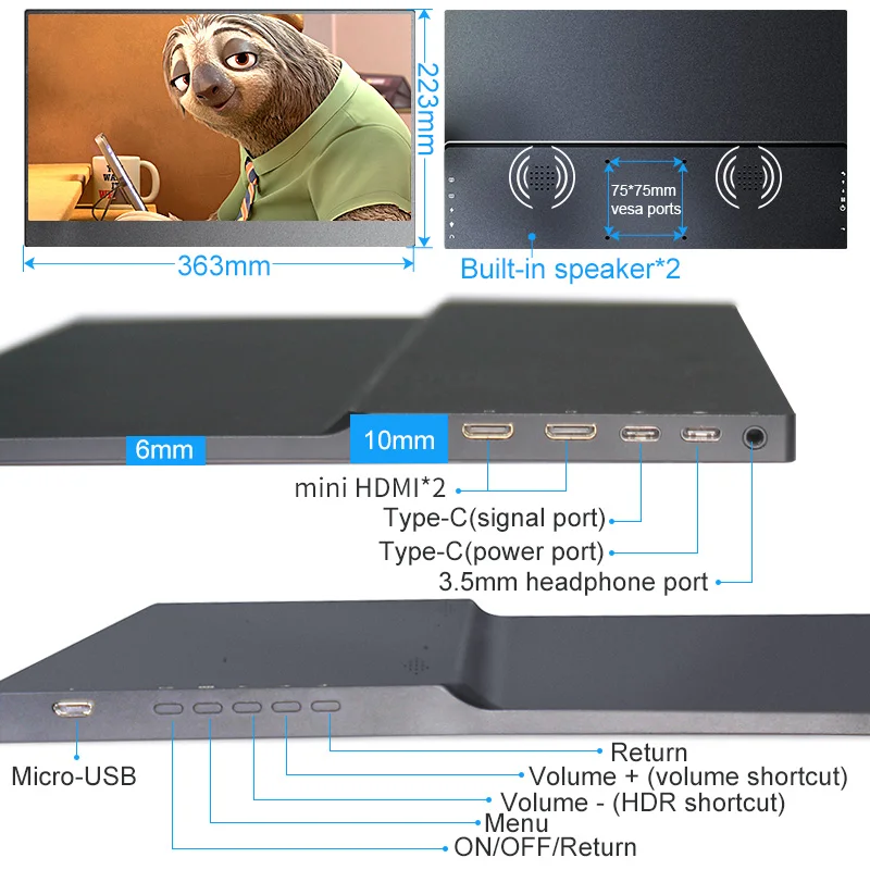 Портативный монитор 15 6 Type C PD HDMI 4K ультратонкий ЖК экран для телефона ПК ноутбука