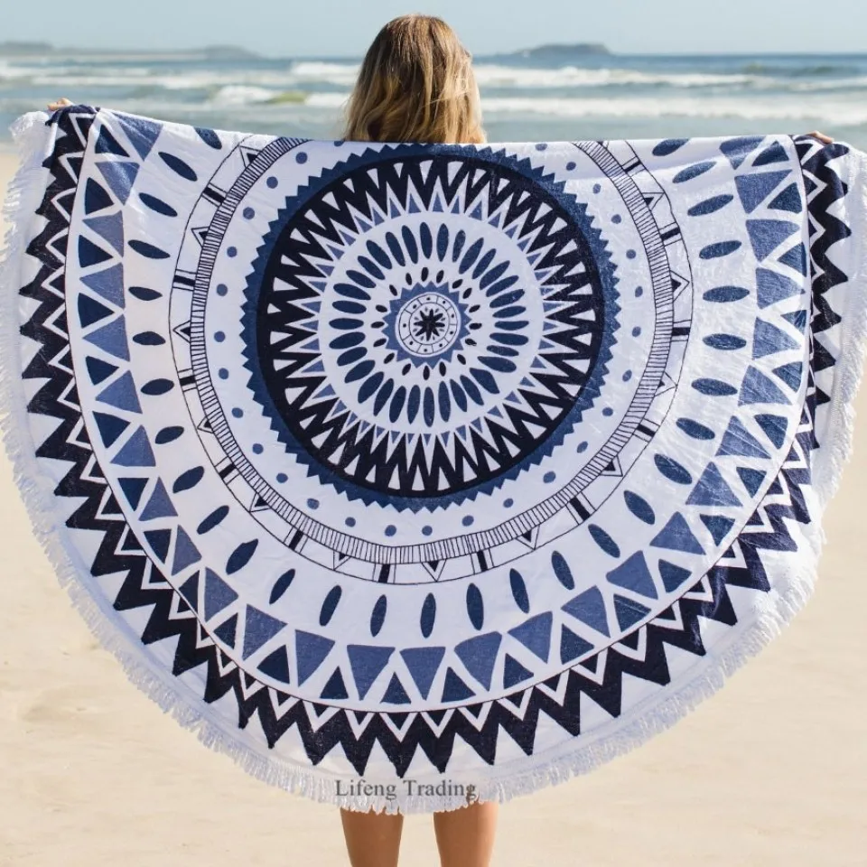 

Round Bohemia Beach Towel 100% Cotton Printed Tassel Knitted 150*150cm summer Bath towel toalla playa serviette de plage swim