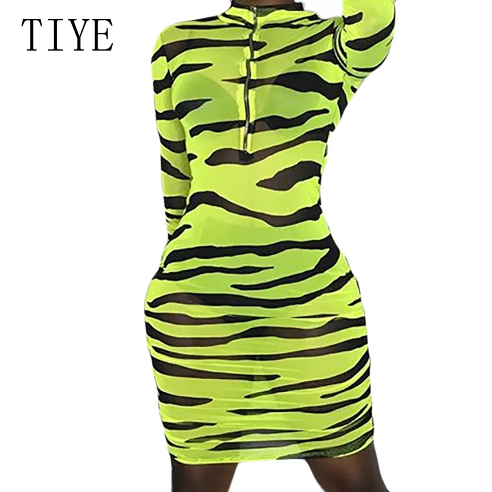 

TIYE Sexy Printed Semi-sheer Zebra Dress Long Sleeve Front Zipper See Through Bodycon Dress Summer Women Transparent Club Wear