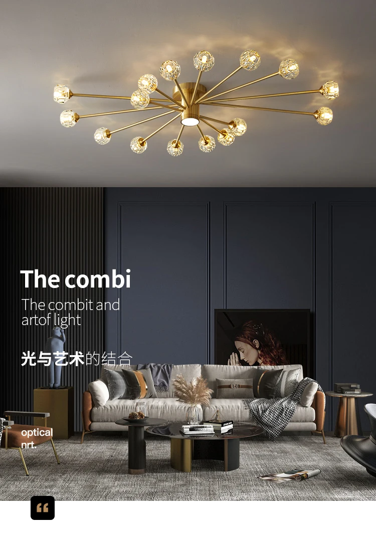 Modern luxury copper crystal ceiling lamp lighting American retro lamp restaurant golden luster molecular art ceiling lamp