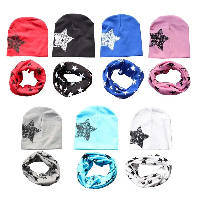 

2020 New Brand 1 Set Cotton Baby Hat Scarf Kids Hat Autumn Winter Children scarf-collar Boys Warm Beanies Star Print Infant Hats