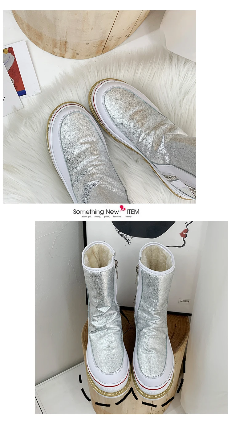 Women Mid Calf Boots Platform Chunky Short Boots Ladies Winter Keep Warm Non-slip Waterproof Women Shoes Black Silver