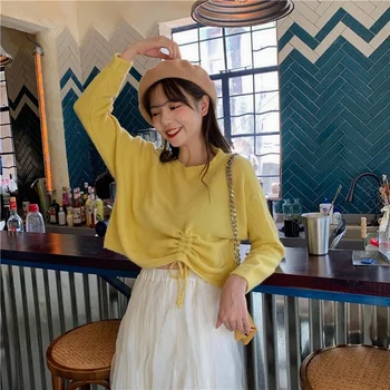 

Pullover Sweater Casual Women Sweaters Loose Drawstring Multicolor Round Neck Knit Short Sweater