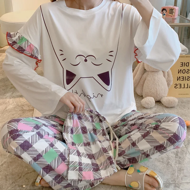 

Pajamas Women's Spring And Autumn Long Sleeve Thin Cute Lettered Cat Two-Piece Set Korean-style Students Loose And Plus-sized Ho