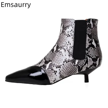 

Elegant Square Toe Boots Woman Mixed Patchwork Med Thin Kitten Heel Walking Bottes Fashion Serpentine Pattern Boots Woman Mujer