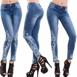 Calças de brim femininas outono moda bordado fino cor sólida jeans casual mid cintura botão estiramento denim lápis calças