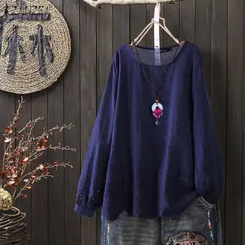 

Elegant Hollow Tops Women's Spring Blouse ZANZEA Casual Long Sleeve Shirt Female O Neck Solid Blusas Lace Tops Tunic Oversized