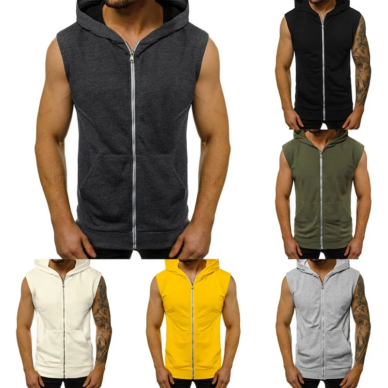 Black Friday Men Fitness Hoodies Tank Tops Sleeveless Tee Shirt Male Workout Zipper Pockets Hooded Vest Waistcoat Solid Undershirt Sportswear