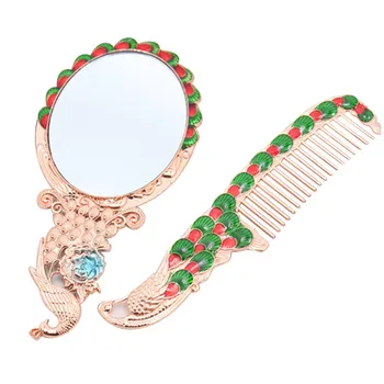 

Vintage Mirror Comb Set Makeup Vanity Desk Kit Mini Handheld Mirror Retro Peacock Pattern for Women SSwell
