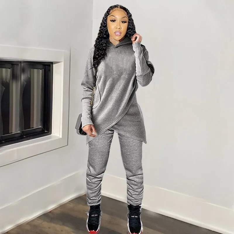 

Elegant Winter Sweatsuits for Women Streetwear Irregular Hooded Sweatshirt Pants Set Solid Warm Sweat Suits Women Matching Sets