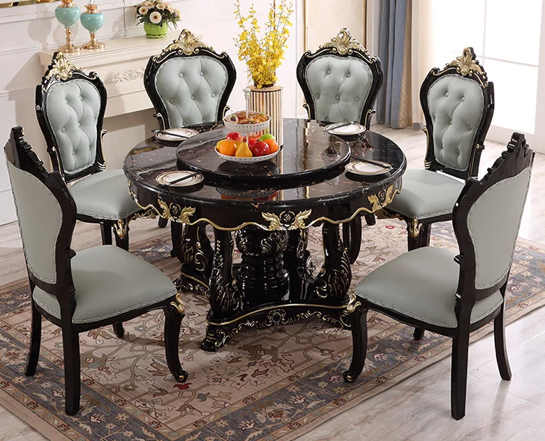 

European-style all-solid wood dining table and chair combination luxury marble dining table big round villa household dining tab