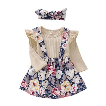 

Baby Clothes Baby Girl Romper 3pcs Autumn Long Flare Sleeve Infant Romper Tops+Floral Strap Skirt+Headband Outfits