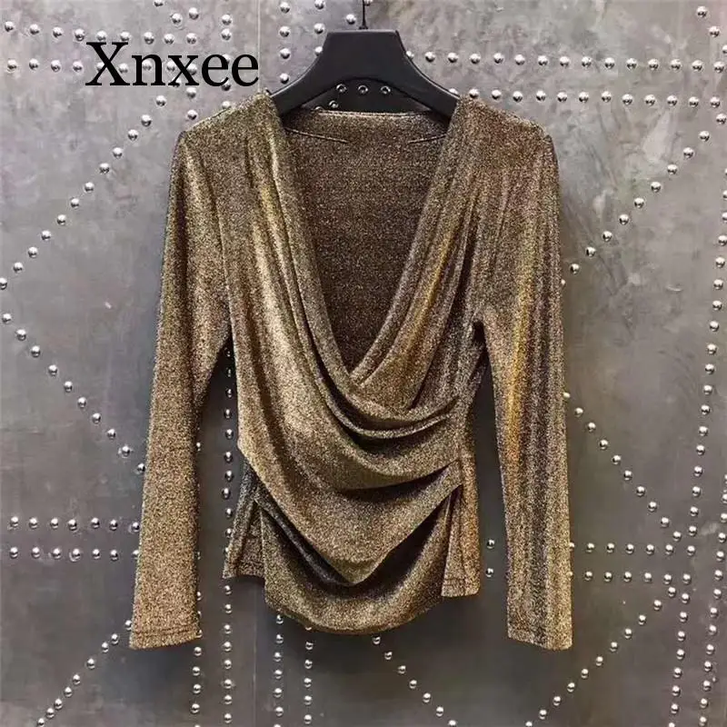 

Golden T shirt Women V-neck Wrapped Ruched Tops Sexy T shirt Slim Stretchy S-3XL Camiseta Mujer v neck vintage elegent