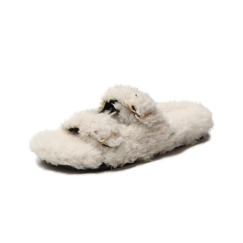 

2019 Autumn And Winter New Style Versatile Black Lambs Wool Slipper Women's Fashion Network Red Celebrity Style Korean-style Fla