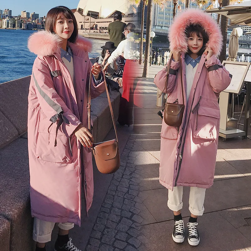 

ACZ Winter Webbing Long Cotton-padded Clothes 19 Korean-style Women's Loose-Fit Hooded Large Fur Collar in Waist Drawstring Thic