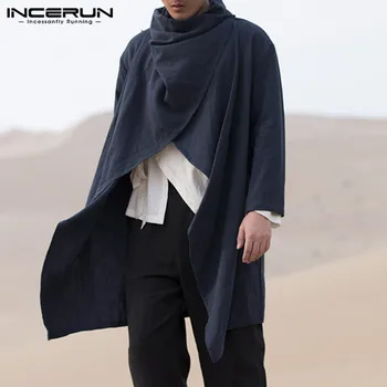 

INCERUN Men Jackets Coat Solid Scarf Collar Casual Irregular Trench Long Sleeve Outwear Cloak Cotton Stylish Mens Windbreaker