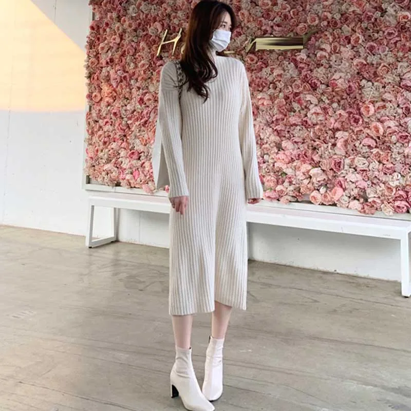 

One-Piece Lady Dresses Korean Elegant Loose Fashion Knitted Sweater Dresses 2020 Winter Women Long Sleeves Knit Dress Midi Dress