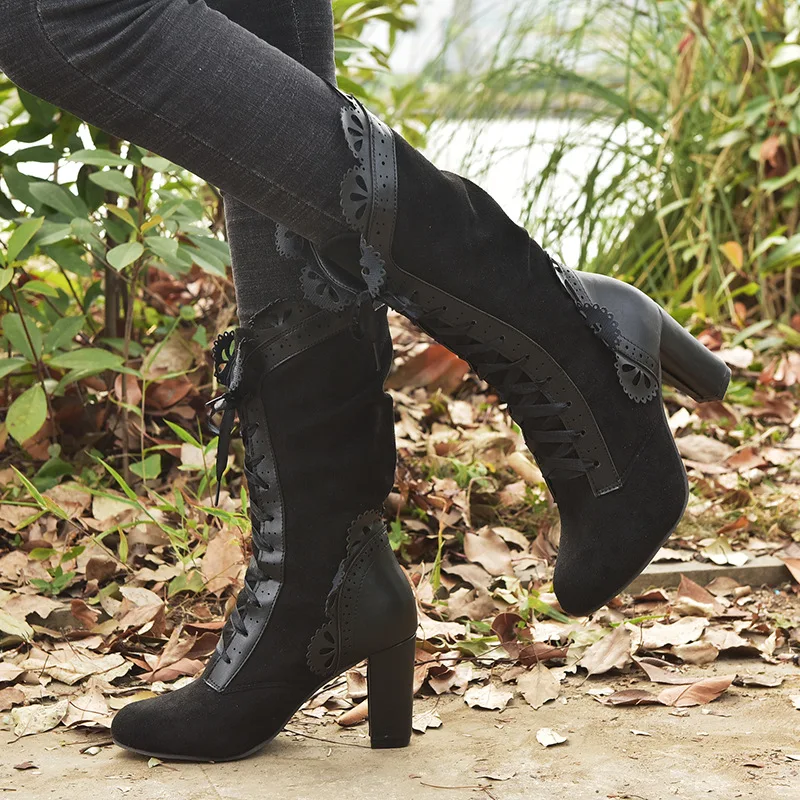 Женские сапоги-трубы со шнуровкой на высоком каблуке средней высоты; botas zapatos mujer; кожаная зимняя обувь в стиле ретро; ботинки размера плюс; ковбойские ботинки