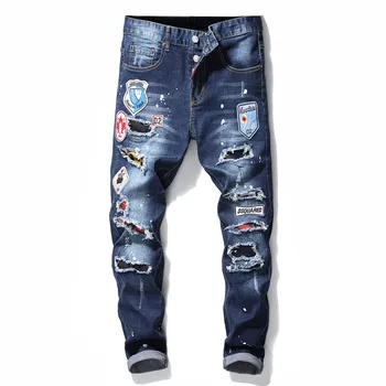 

European Italian Style dsq brand Men's slim Denim jeans slim straight zipper jeans Pencil pants blue Badge brand jeans for men