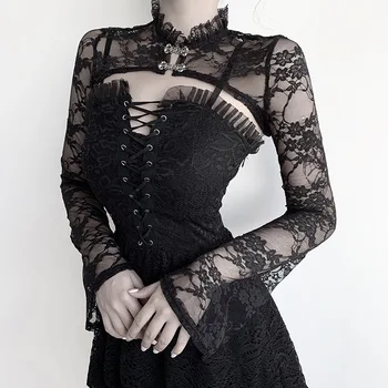 

Long Flare Sleeves Black Lace Round Collar See Through Sexy Lace Short T-shirts Women Gothic Backless Cropped T Shirts Tops