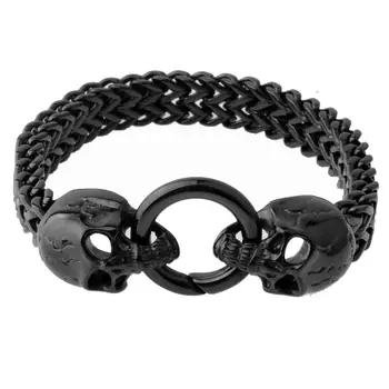 

12mm Wide Stainless Steel Black Skeleton Skull Head Figaro Link Chain Men's Bracelet Bangle Punk Jewelry Gift 8.26inch