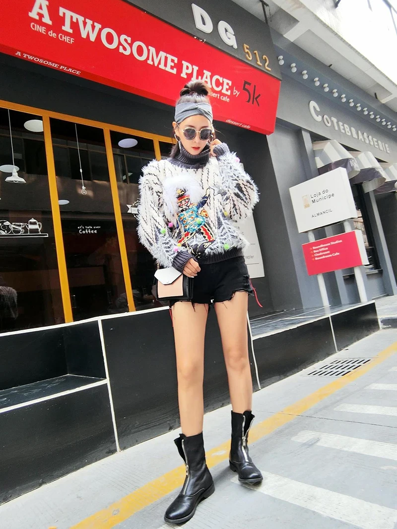 Thailand Street Fashion Autumn Winter New Lazy Wind Hippo Wool Thicken Sweater Female High Collar Loose Sweater Short Section