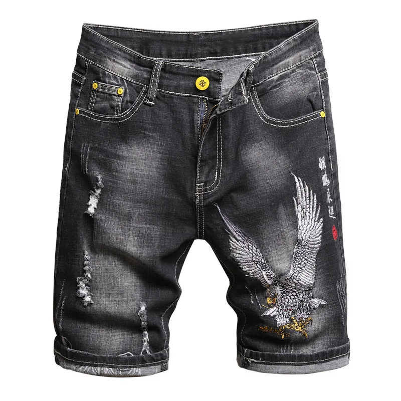 Summer Fashion Men's Denim Shorts Chinese Style Embroidery Classic Black Stretch Slim Casual Short Jeans Trend Streetwear Male