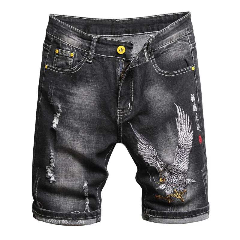 

Summer Fashion Men's Denim Shorts Chinese Style Embroidery Classic Black Stretch Slim Casual Short Jeans Trend Streetwear Male