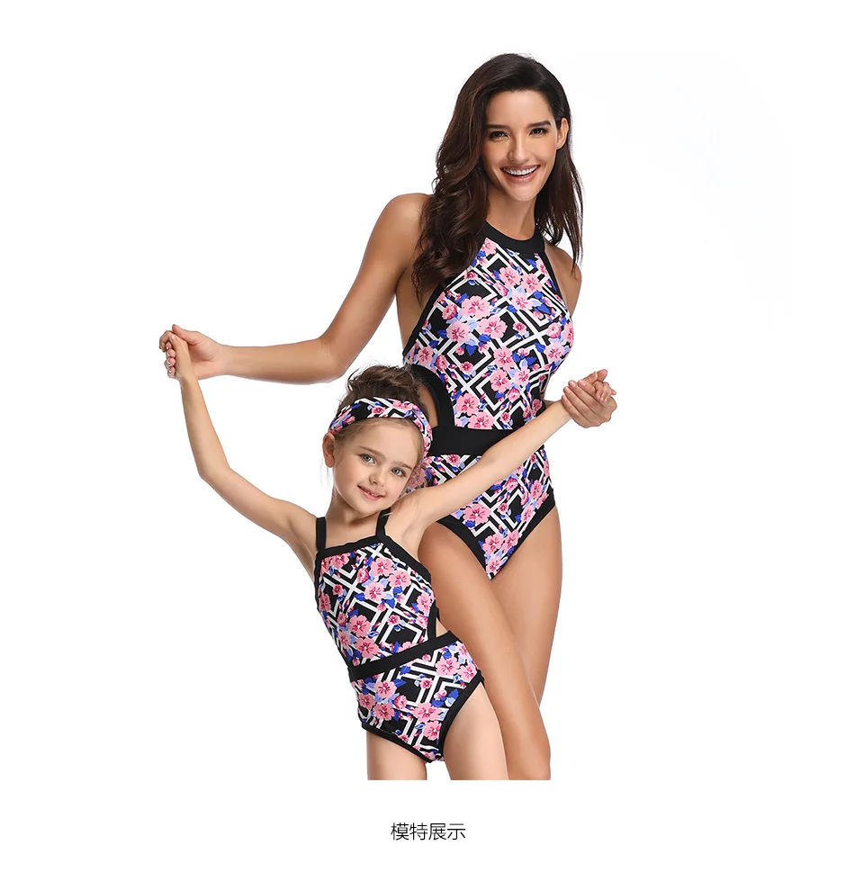 

Summer swimming beachwear one piece high waist family look matching mommy and me swimwear mother daughter swimsuit clothes