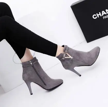 nubuck grey IMKKG/пикантные женские ботильоны на высоком тонком каблуке-шпильке с острым носком из искусственной кожи на молнии; сезон весна-осень женские полусапожки - Цвет: nubuck grey